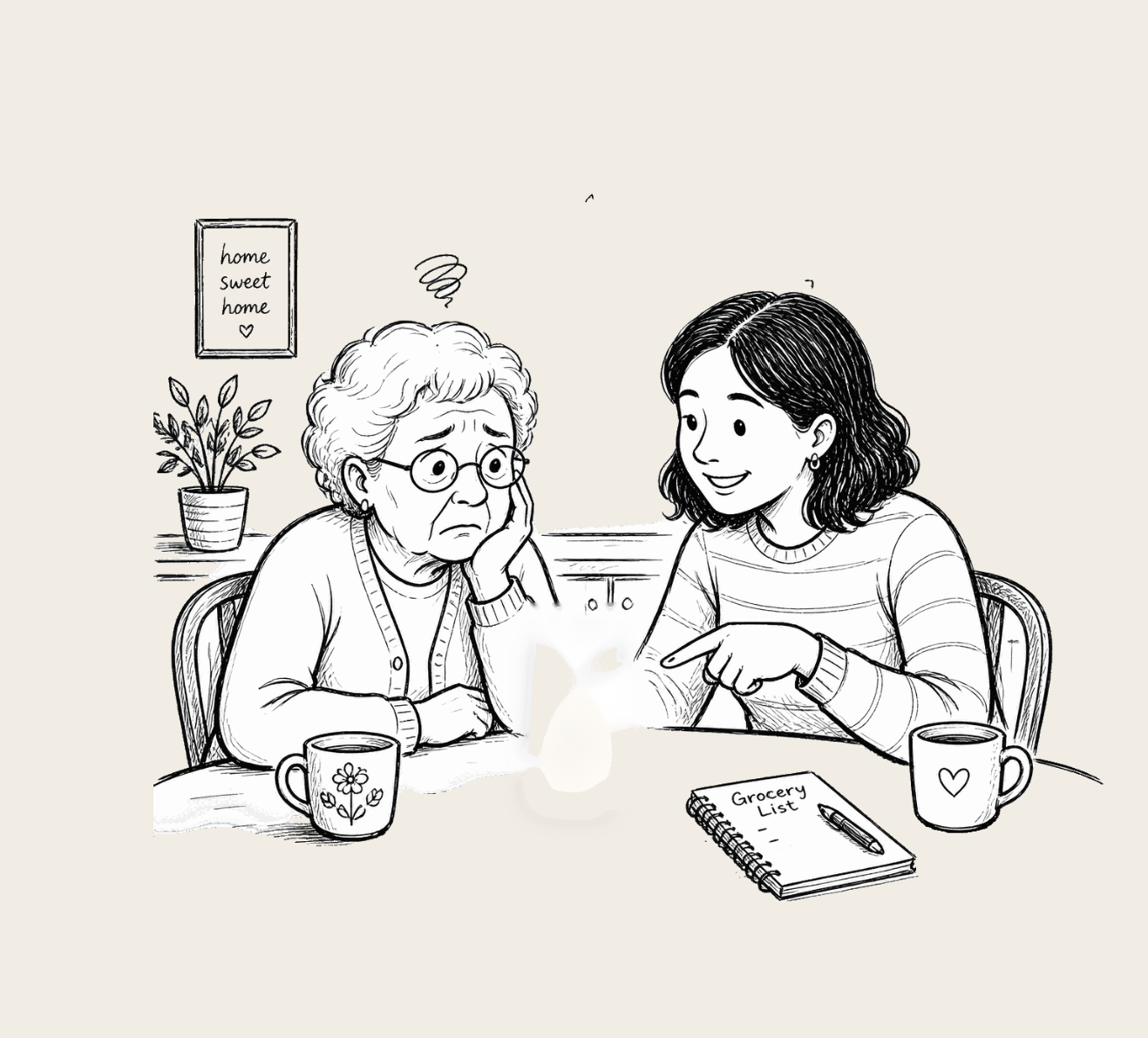 A worried grandmother and her daughter looking at a phone together
