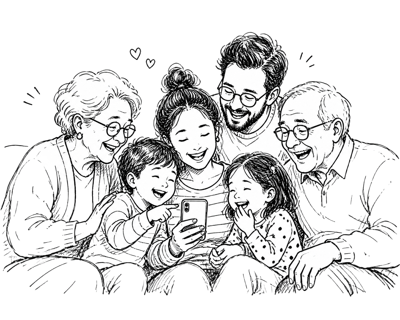 A multi-generational family laughing together around a phone