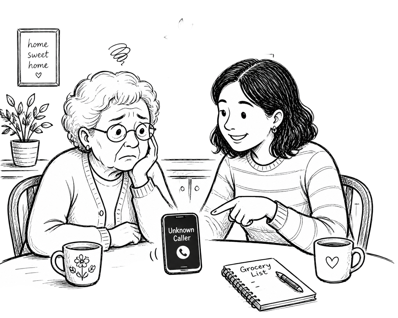 A worried grandmother and her daughter looking at an unknown caller together