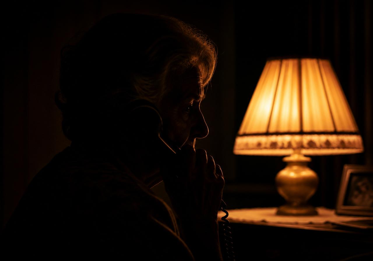 A worried grandmother on the phone during a suspected grandparent scam call.