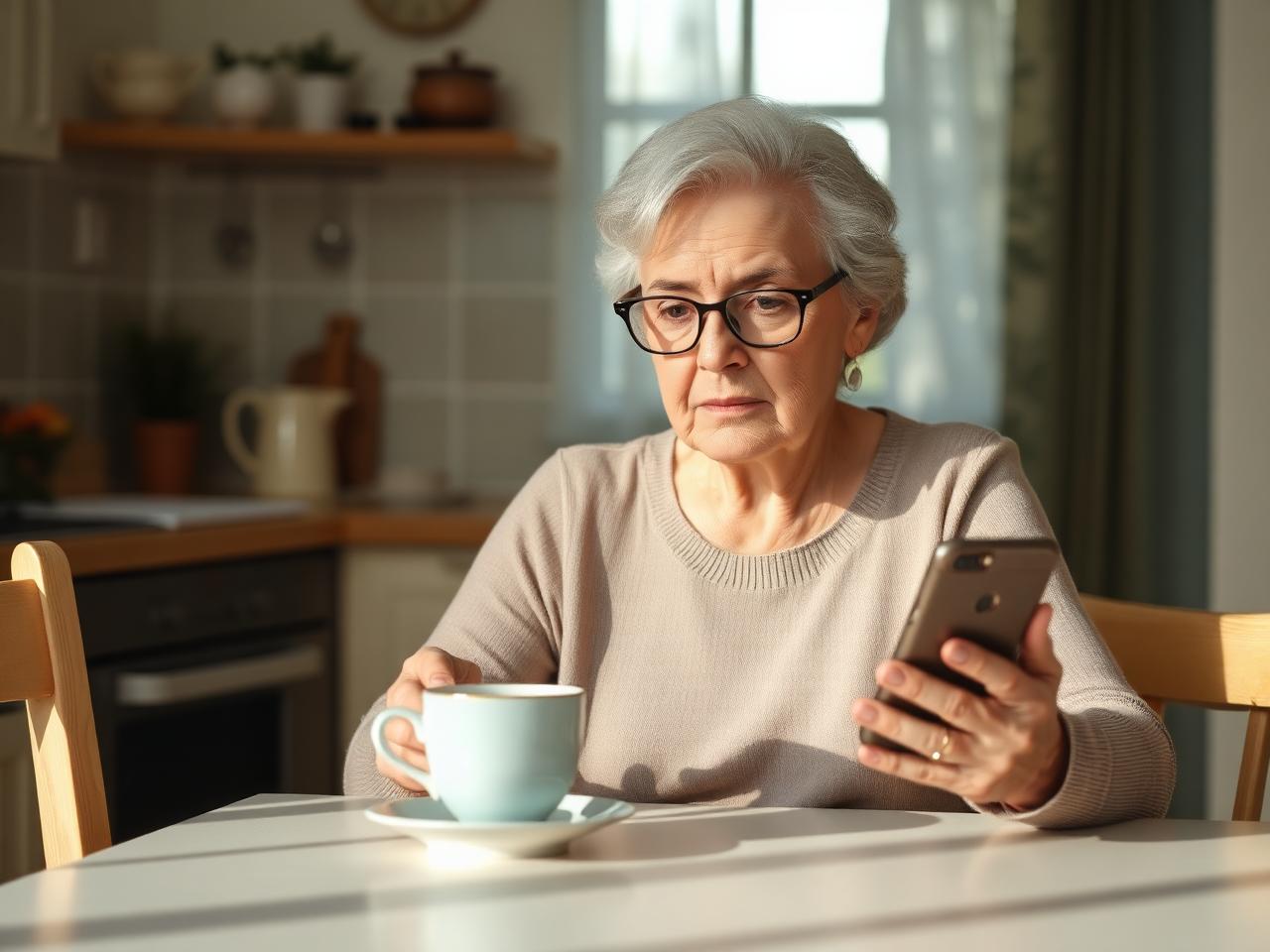 An older adult reading messages on a phone from an online romance scammer.