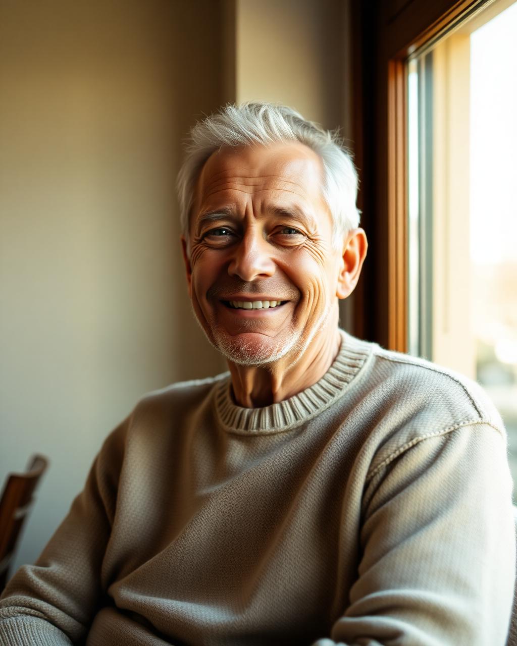 A warm portrait of an older adult smiling gently at home.