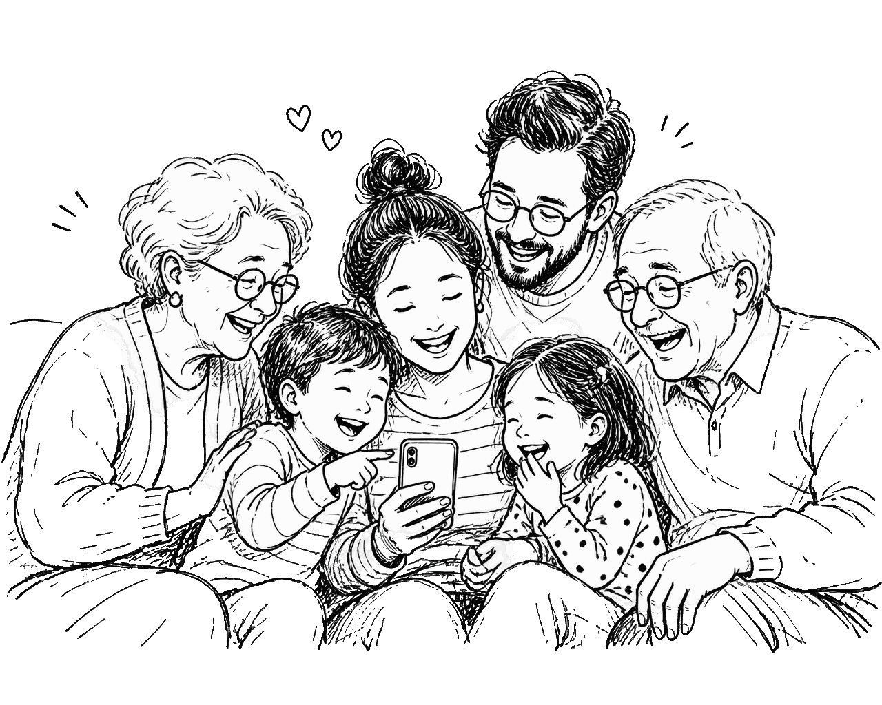 A multi-generational family laughing together around a phone
