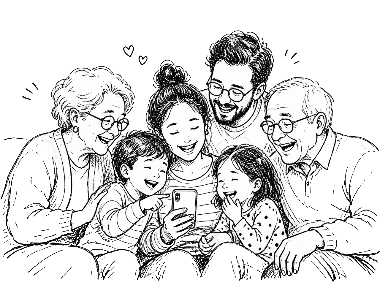 A multi-generational family laughing together around a phone