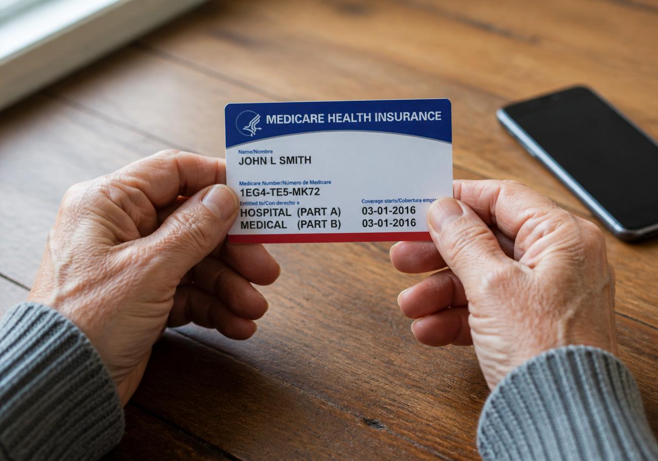 A senior holding a Medicare card while answering a suspicious phone call.